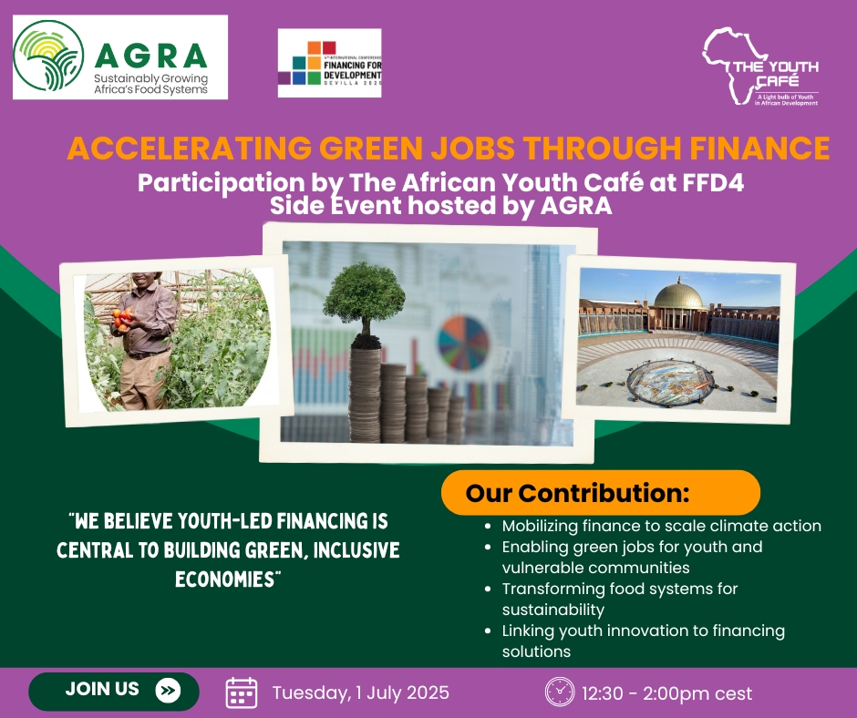 TheYouthCafe's tweet photo. Today at #FFD4, we join @AGRA_Africa to explore how finance can unlock green jobs, climate action & food system transformation.
🎙️ Mumbiko Kingori represents The African Youth Café in this high-level dialogue.
#GreenJobs #ClimateFinance #FinanceForDevelopment #Sevilla2025 https://t.co/lNOGFVLvT5