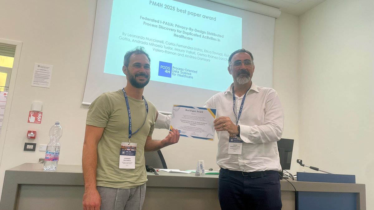😀We’re proud to share that a paper, led by ITACA reseachers👨‍🏫👩‍🏫, has received the Best Paper Award at the 2nd Workshop on #PM4H25, held in Italy.
👉The work presents an #innovative approach for the mining process discovery.
👏 Congratulations!!
🗞️ tinyurl.com/au2x9vpc