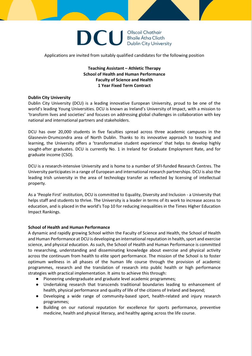 dcu_shhp's tweet image. We are recruiting 2x teaching assistants (1x athletic therapy, 1x sports science).
If you want to join our school and support our teaching, please consider applying:
my.corehr.com/pls/dcurecruit…