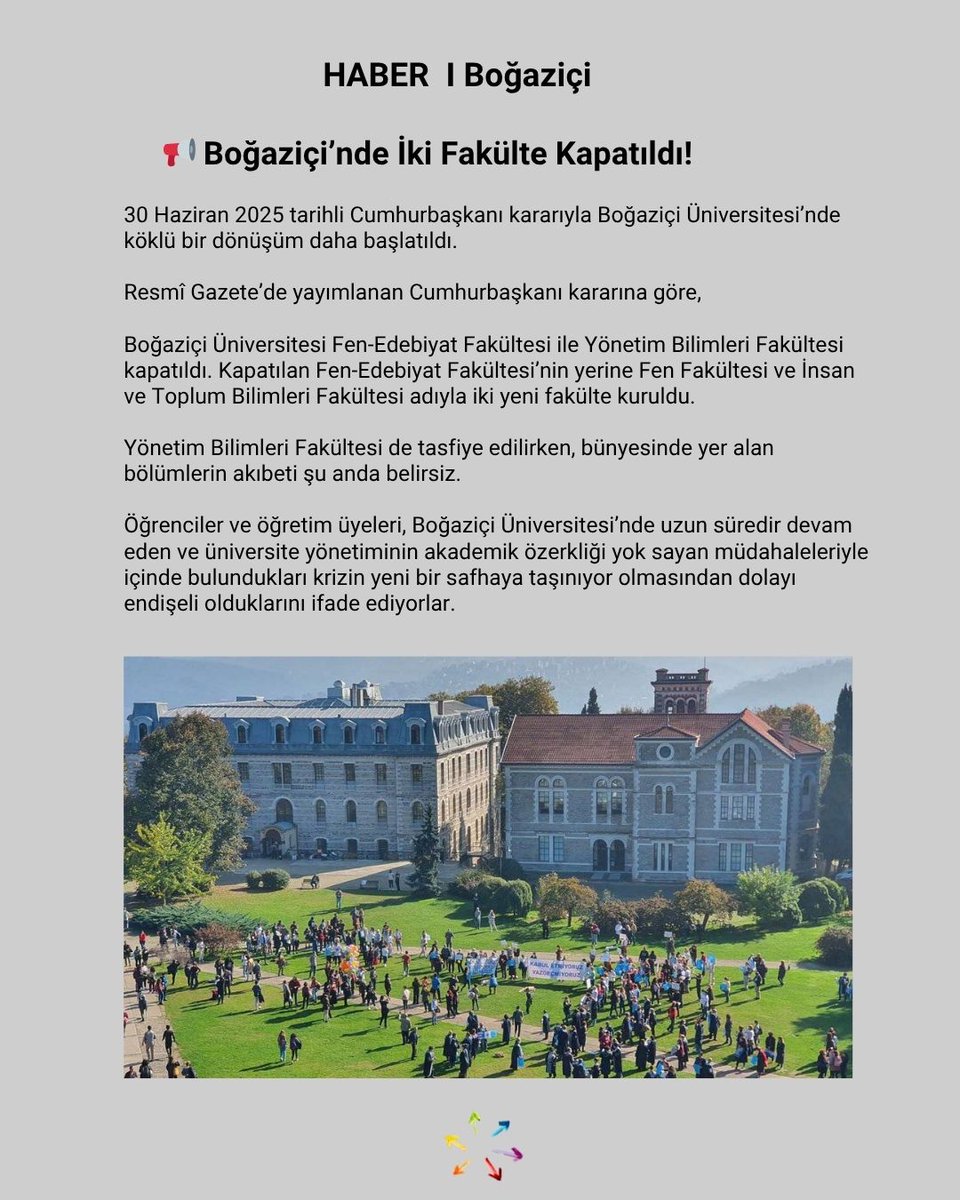 30 Haziran 2025 tarihli Cumhurbaşkanı kararıyla 

Boğaziçi Üniversitesi Fen-Edebiyat Fakültesi ile Yönetim Bilimleri Fakültesi kapatıldı. Kapatılan Fen-Edebiyat Fakültesi’nin yerine Fen Fakültesi ve İnsan ve Toplum Bilimleri Fakültesi adıyla iki yeni fakülte kuruldu.