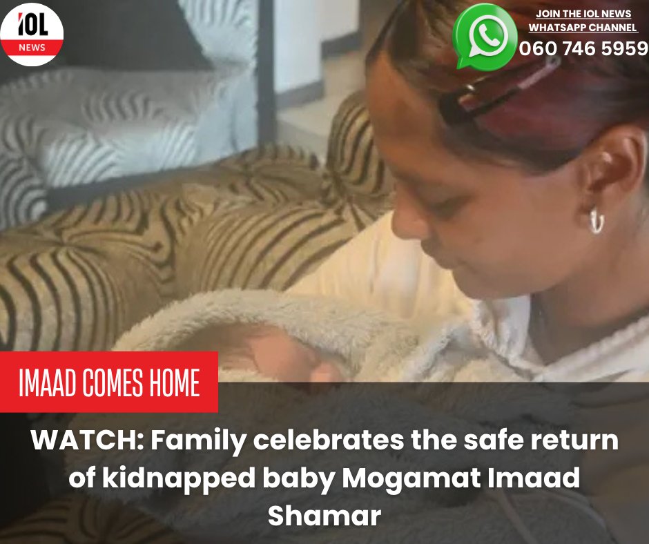 IOL's tweet photo. The family of the 12-day-old infant who was kidnapped over the weekend expressed their relief when they were reunited with their son.
#BabyFoundSafe #CapeTownRelief #FamilyReunited #KidnappingArrest #MogamatImaad #StrandfonteinStrong #MitchellsPlain #SAPS
Read on https://t.co/f0oVnpb3bc