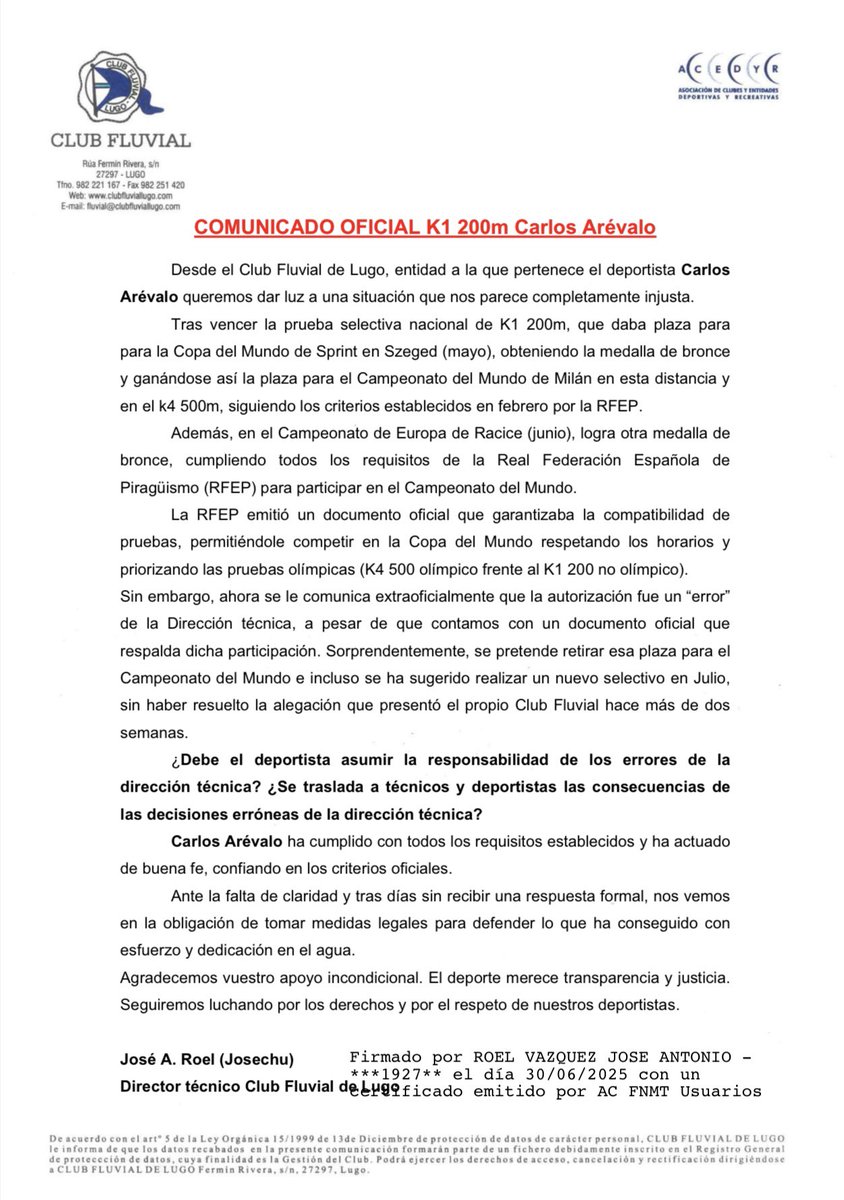 ‼️‼️‼️⚠️ COMUNICADO⚠️‼️‼️‼️
¿Por qué me quitan lo que gané?

Estoy profundamente decepcionado con la decisión de la RFEP de retirarme la plaza en el K1 200 para el Mundial de Milán, alegando que es incompatible con mi participación en el K4 500. Además, quiero destacar que en la