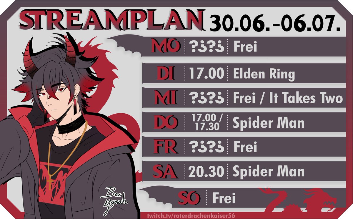 seit längerem mal wieder hier der plan für die woche. das wird auch die letzte streaming woche vor meiner pause. muss mich gut auf mein jubiläum vorbereiten weils auch mein 3 jähriges + 2k follower special ist. werde euch auf dem laufenden halten und es kommen noch posts dazu 🥰