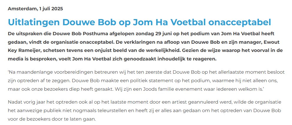 Verslag👇 van de gebeurtenissen bij Yom Ha Voetbal.

Lees vooral het hele verhaal, want dan blijkt hoeveel er  NIET klopt van wat Douwe Bob bij Renze vertelde.
Hij rechtvaardigde zijn handelen door te liegen over geschonden afspraken, pamfletten en geduw.
jomhavoetbal.nl