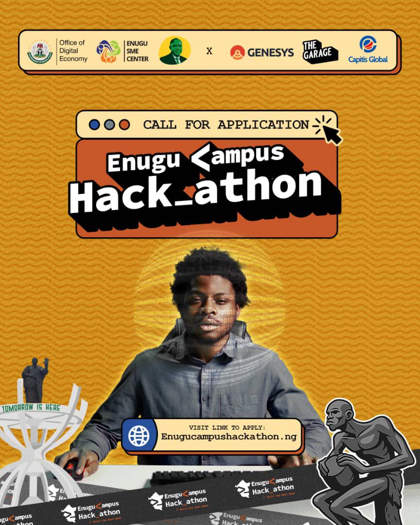 Enugu Campus Hackathon (@enugucampushack) on Twitter photo The Enugu State Campus Hackathon 2025 Has Launched!
A high-impact innovation challenge designed to unleash Enugu’s next generation of builders, coders, and solutionists.
Organized by the <a href="/enugusmeagency/">Enugu SME Agency</a> and the Office of Digital Economy, in partnership with <a href="/genesystechhub/">Genesys Tech Hub</a> , The Enugu State Campus Hackathon 2025 Has Launched!
A high-impact innovation challenge designed to unleash Enugu’s next generation of builders, coders, and solutionists.
Organized by the <a href="/enugusmeagency/">Enugu SME Agency</a> and the Office of Digital Economy, in partnership with <a href="/genesystechhub/">Genesys Tech Hub</a> ,
