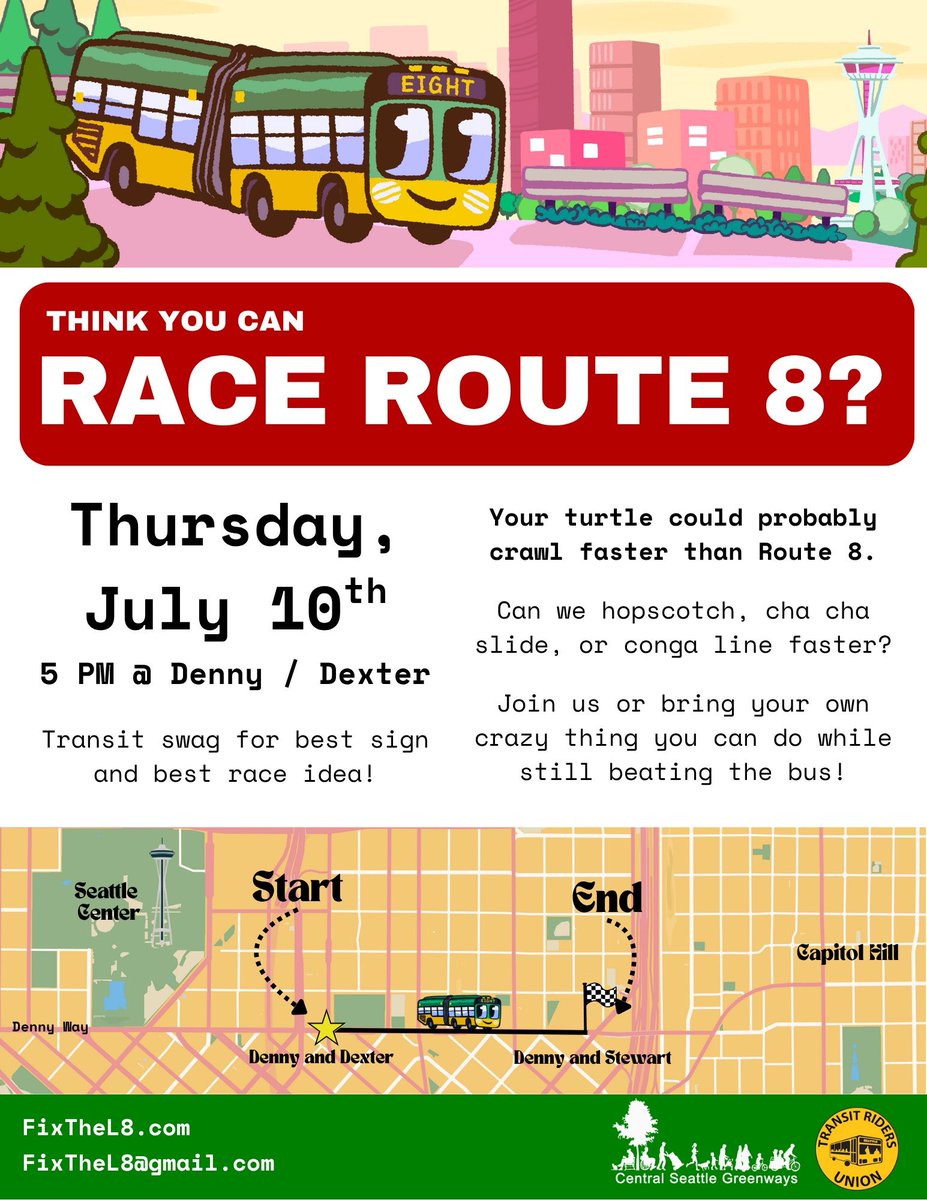 Join us next Thursday, July 10th at 5 PM @ Denny / Dexter to race Route 8! It’s easy to outwalk the L8, but can we still beat it while doing the cha-cha slide, hopscotching, or in a conga line? Join one of our race activities or bring your own idea you can do faster than the bus!