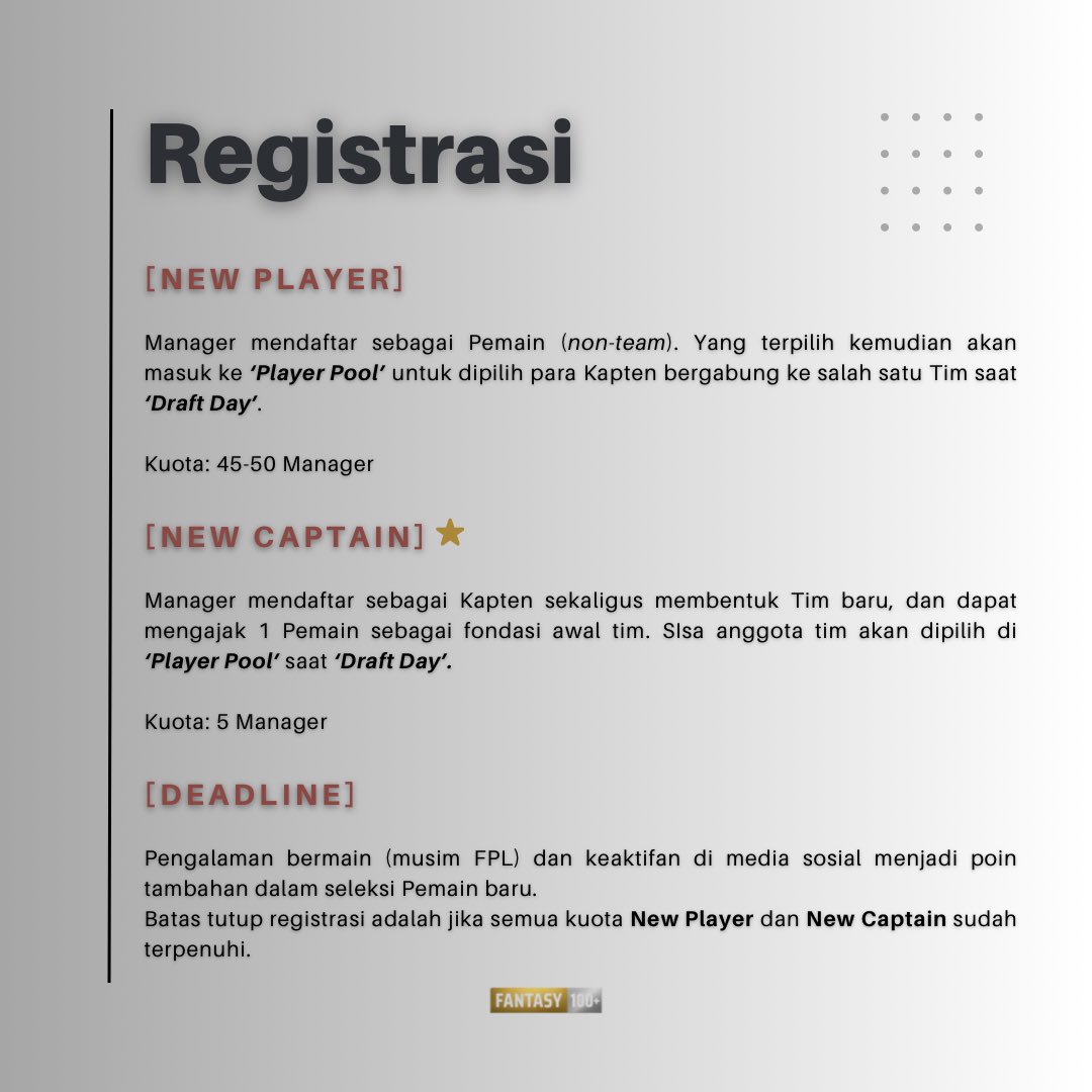 🗒️ Registrasi F100+ 2025/26 dibuka!

New Player
🔗 forms.gle/9mZDSDEbBWPDVG…

New Captain
🔗 forms.gle/mA4XwfZigLL1nB… 

Kuota terbatas.

#Fantasy100