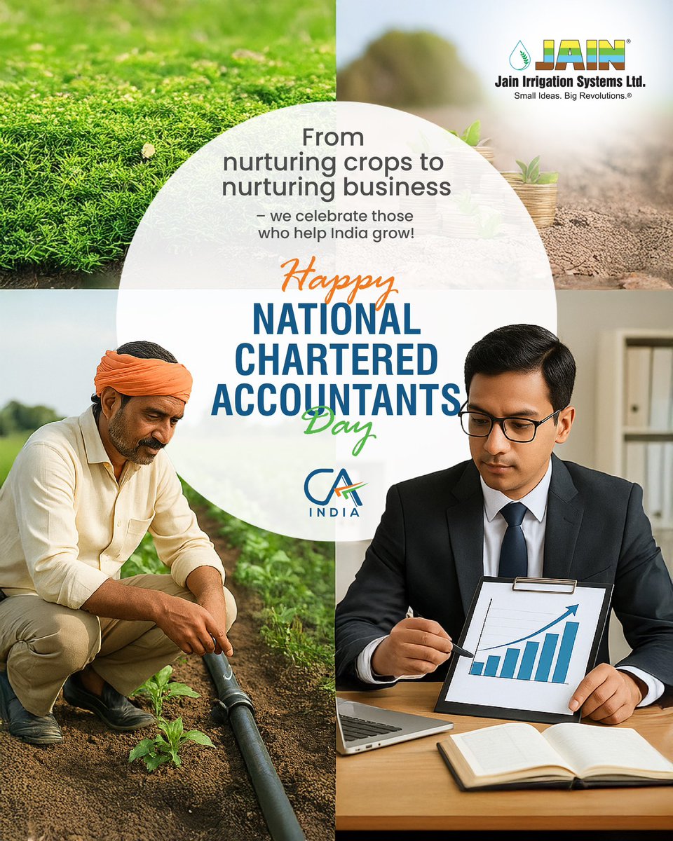 🌱 From Nurturing Crops to Balancing Cropsheets — Happy CA Day! 📊

At Jain Irrigation, we believe in precision—whether it’s drip by drip in the field or debit by credit in the books!

To the Chartered Accountants who calculate every seed of success, water every figure with