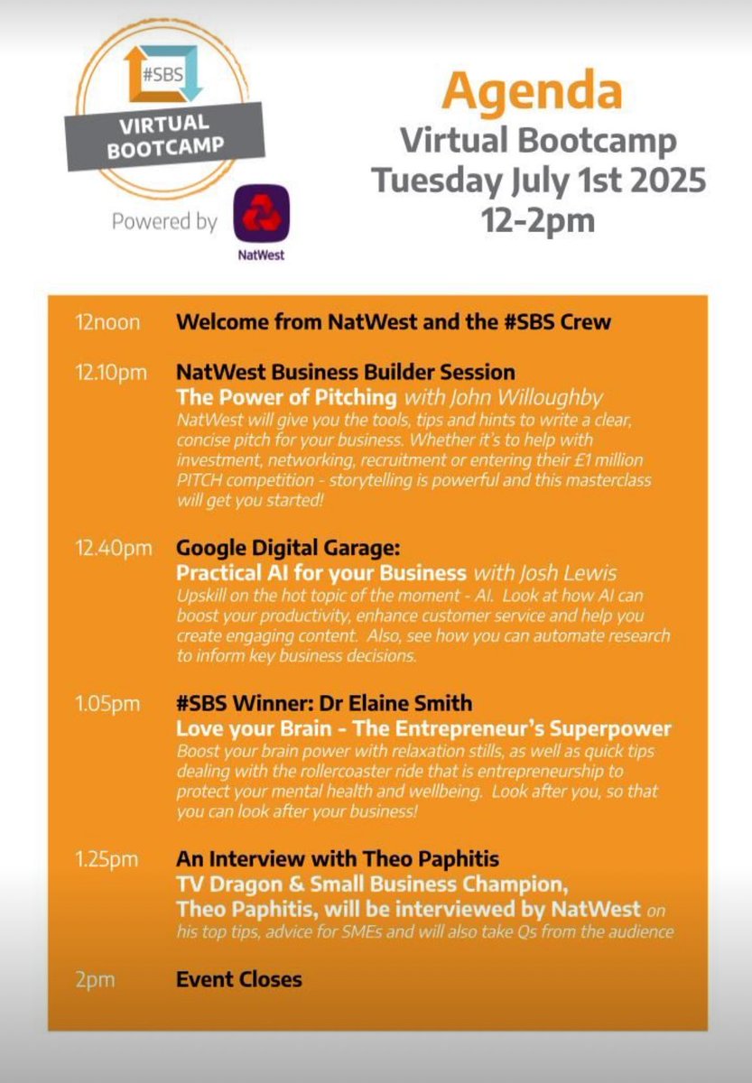 Debbie Lewis @ NatWest (@mrsdlewis_nw) on Twitter photo ⚠️ Last call ⚠️
Starts at midday on zoom
Join us, <a href="/Google/">Google</a> , <a href="/DrElaineSmith/">Dr. Elaine Smith</a>✨🧠 and <a href="/TheoPaphitis/">Theo Paphitis</a> by grabbing a free ticket here:
eventbrite.co.uk/e/1429870243389 ⚠️ Last call ⚠️
Starts at midday on zoom
Join us, <a href="/Google/">Google</a> , <a href="/DrElaineSmith/">Dr. Elaine Smith</a>✨🧠 and <a href="/TheoPaphitis/">Theo Paphitis</a> by grabbing a free ticket here:
eventbrite.co.uk/e/1429870243389