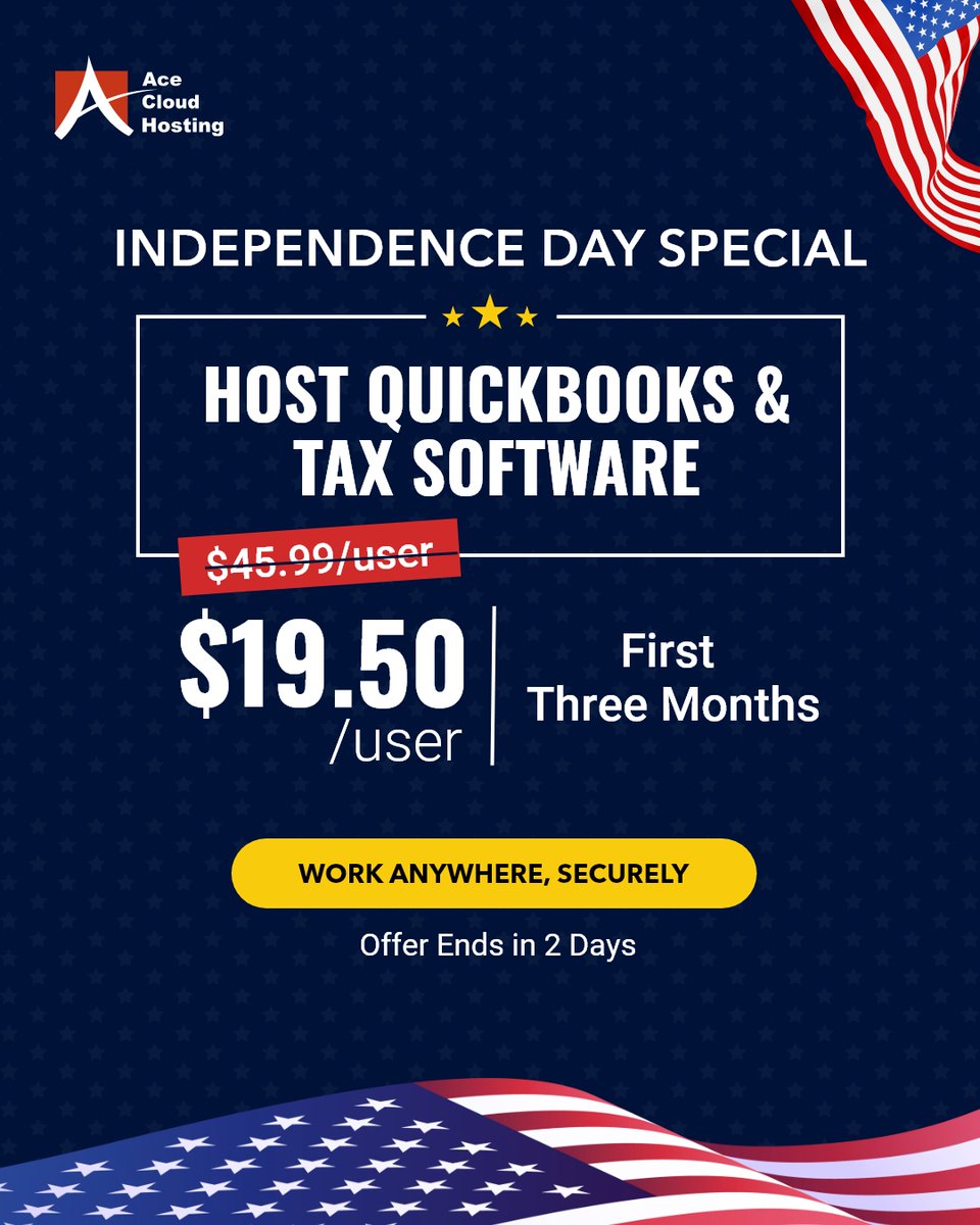 AceCloudHosting's tweet image. 👉bit.ly/4khRIQ2?

Host QuickBooks &amp;amp; Tax Software at just $19.50/user for your first 3 months + surprise bonus (free security training or IT consultation). Independence Day special ends in 2 days—claim your freedom now!

 #QuickBooksHosting #TaxSoftware #CloudSolutions
