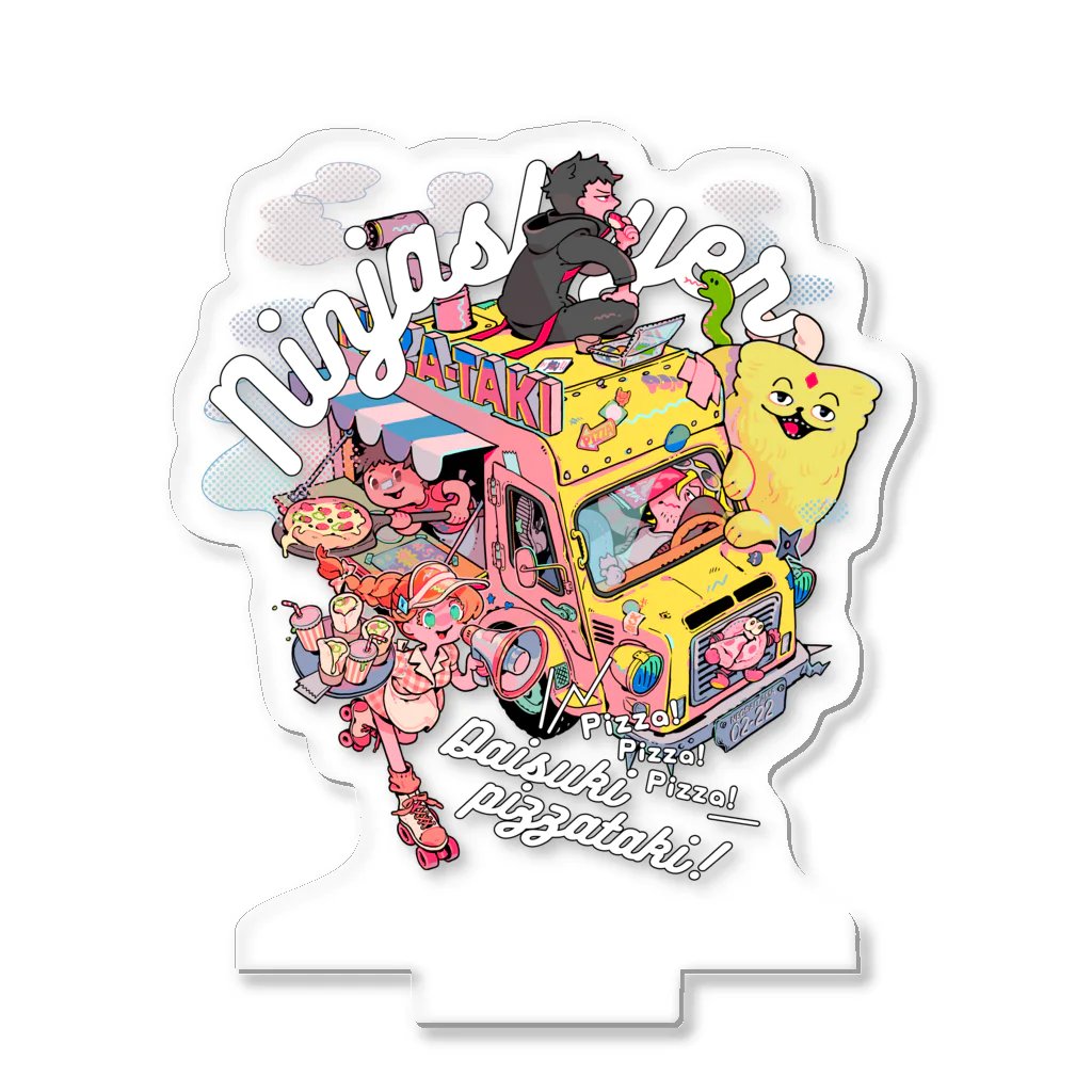 🏝️SUZURI🍉夏の新製品🏝️
ピザワゴンで営業中な。ニンジャスレイヤーAoMに登場するピザ屋「ピザ・タキ」の面々（とケモビール社のケモチャン）がポップでクールなアイテムになったぞ。Tシャツ、グラス、アクスタなど他にも色々！
suzuri.jp/DHTLS

イラストはタヌカ=サン🍣　
<a href="/onigirisyokupan/">タヌカ🍣💨</a>
