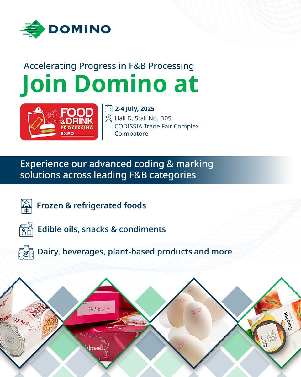 DominoIndia's tweet photo. The food industry is evolving, and Domino is at the heart of it.

Join us at FDP 2025 to explore our coding &amp; marking solutions for processing, packaging &amp; traceability.

📅 July 2–4, 2025
📍 CODISSIA, Coimbatore
Let’s connect! https://t.co/PscusKB4Ni
