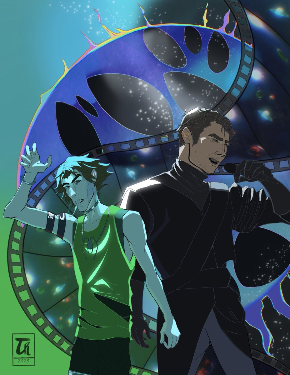 TachiRemmu's tweet image. I was happy to participate in the #jayvikgiftexchange2025 this year!!!
@hominhohj the alien stage AU was just too juicy not to draw 💙
Hope you like these two boys as Ivantill!!!