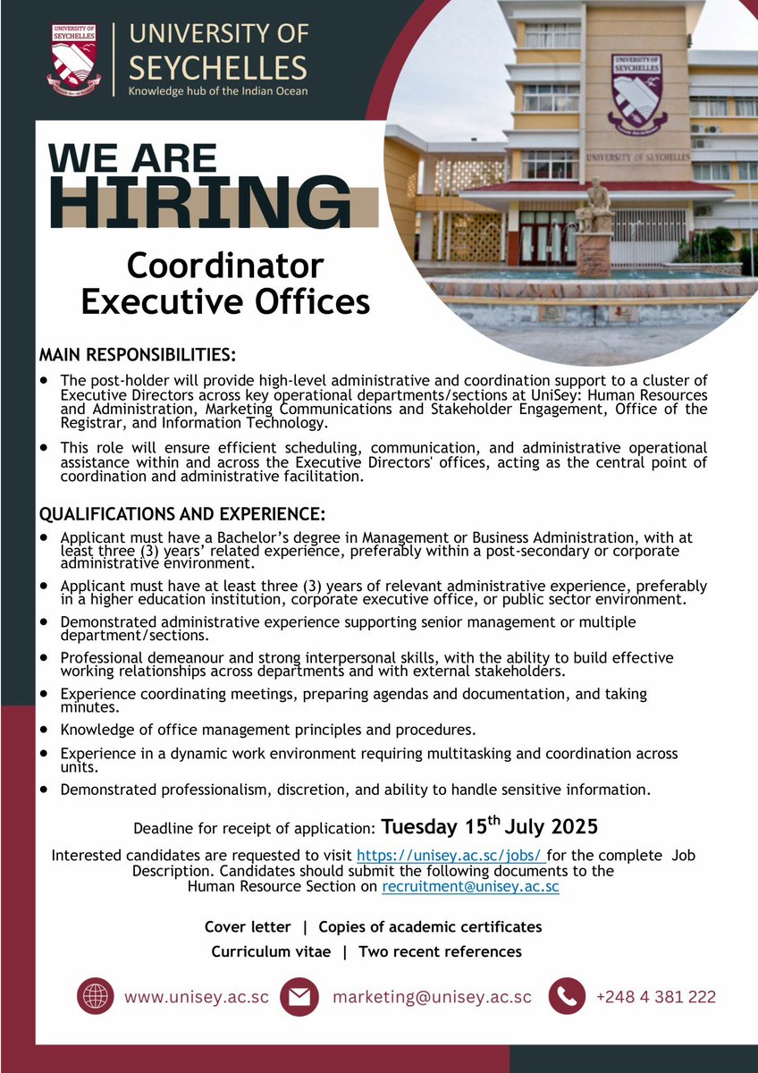 📣WE ARE HIRING 📣

•Customer Service Officer
•Coordinator Executive Offices