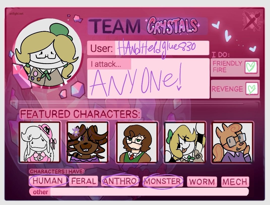 HandHeldGlue830's tweet image. I will (try to) be on art fight this year! This is my first year participating in art fight so I am not totally sure on how this works, but I'll try my best! 💚