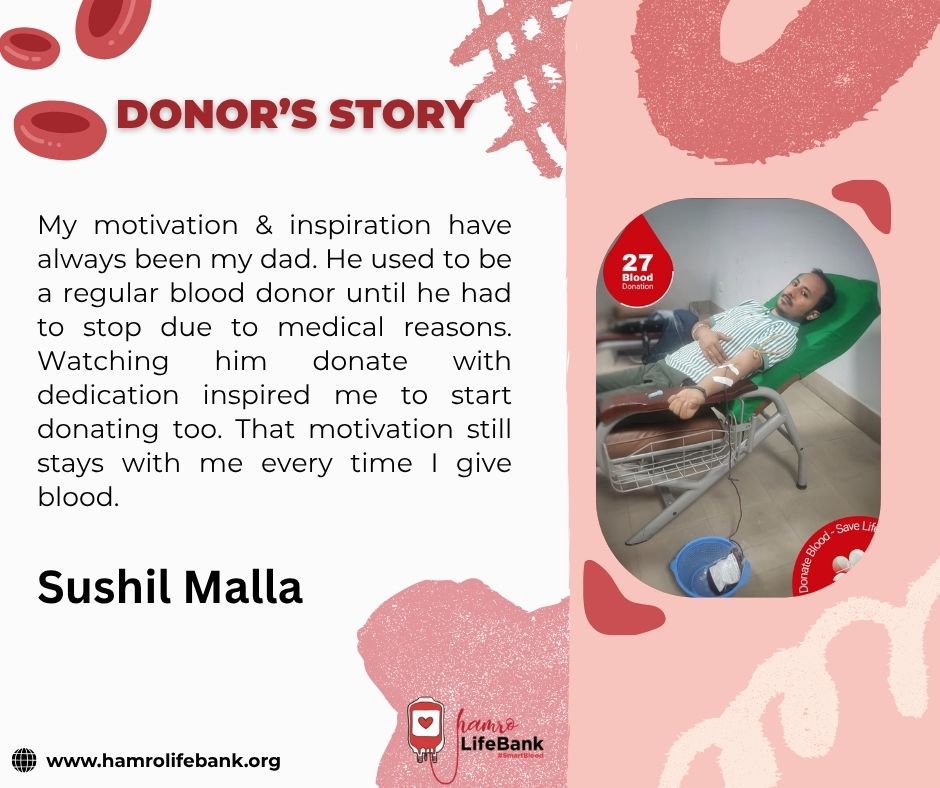 HamroLifebank's tweet photo. My motivation &amp; inspiration have always been my dad. He used to
 be a regular blood donor until he had to stop due to medical
 reasons. Watching him donate with dedication inspired me to start
 donating too. That motivation still stays with me every time I give blood. https://t.co/bJ3vR5iIAf
