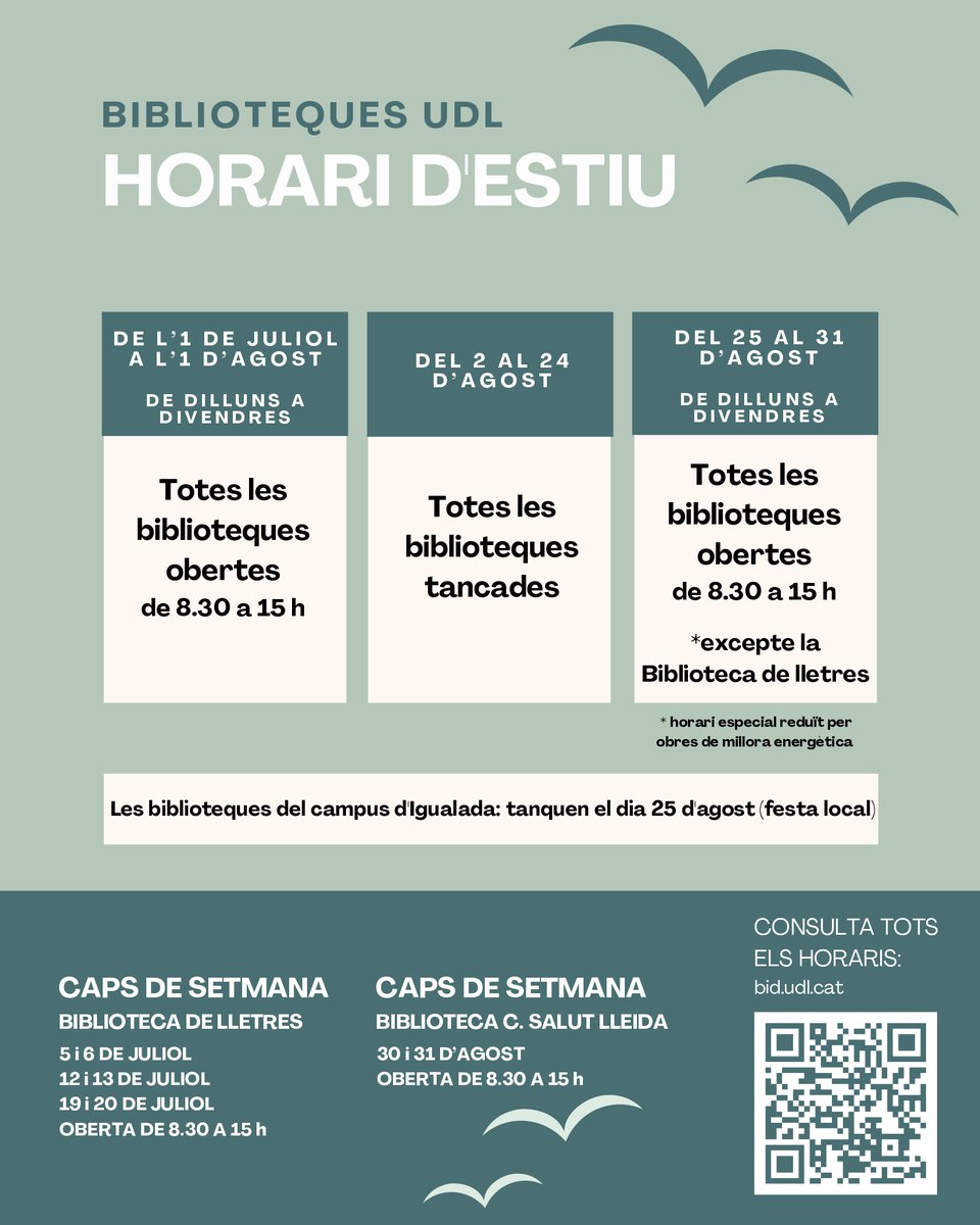 Bon dia!
Recordeu que a partir d'avui les <a href="/bibliotequesudl/">Les Biblioteques de la UdL</a> obrim en horari d'estiu 🌞