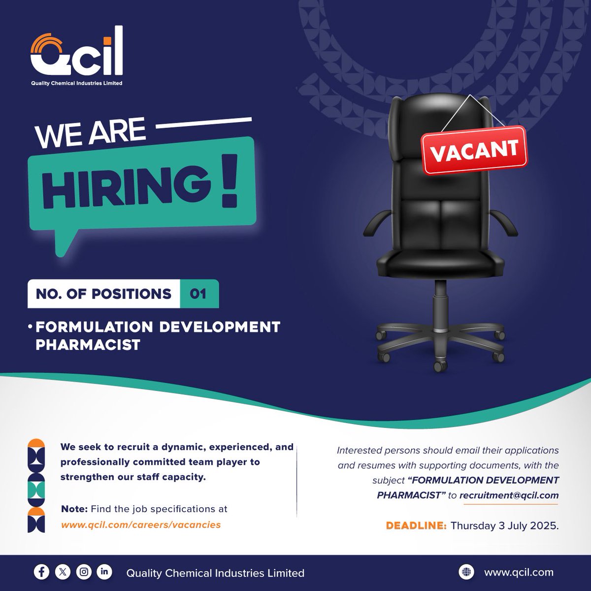 qcil_uganda2's tweet image. We are seeking a dynamic, experienced, and professionally committed Formulation Development Pharmacist to join our team.
Deadline: Thursday 3 July 2025.
🔍 For more information, visit: qcil.com/careers/vacanc…
#QcilCareers
#LifeAfterWell
#KeepingAfricaAlive