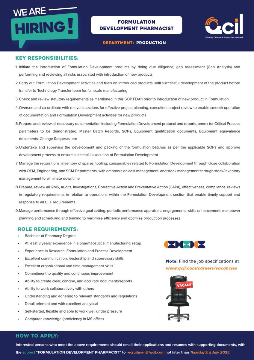 qcil_uganda2's tweet image. We are seeking a dynamic, experienced, and professionally committed Formulation Development Pharmacist to join our team.
Deadline: Thursday 3 July 2025.
🔍 For more information, visit: qcil.com/careers/vacanc…
#QcilCareers
#LifeAfterWell
#KeepingAfricaAlive