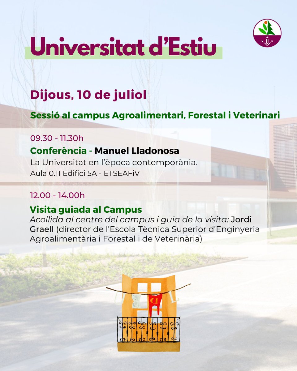 ETSEAFIV_UdL (@etseafiv_udl) on Twitter photo 🎓 El 10 de juliol, el #CursUdL d’Estiu arriba a #ETSEAFiV!
🕤 09.30h: Conferència amb Manuel Lladonosa. Aula 0.11 Edifici 5A - ETSEAFiV
🏛 12.00h: Visita guiada al campus amb Jordi Graell
ℹ️ Més info i matrícula a: estiu@udl.cat
🔗 etseafiv.udl.cat/ca/agenda/Sess…
<a href="/udlsiau/">SIAU UdL</a> <a href="/UdL_info/">Universitat de Lleida (UdL)</a> 🎓 El 10 de juliol, el #CursUdL d’Estiu arriba a #ETSEAFiV!
🕤 09.30h: Conferència amb Manuel Lladonosa. Aula 0.11 Edifici 5A - ETSEAFiV
🏛 12.00h: Visita guiada al campus amb Jordi Graell
ℹ️ Més info i matrícula a: estiu@udl.cat
🔗 etseafiv.udl.cat/ca/agenda/Sess…
<a href="/udlsiau/">SIAU UdL</a> <a href="/UdL_info/">Universitat de Lleida (UdL)</a>