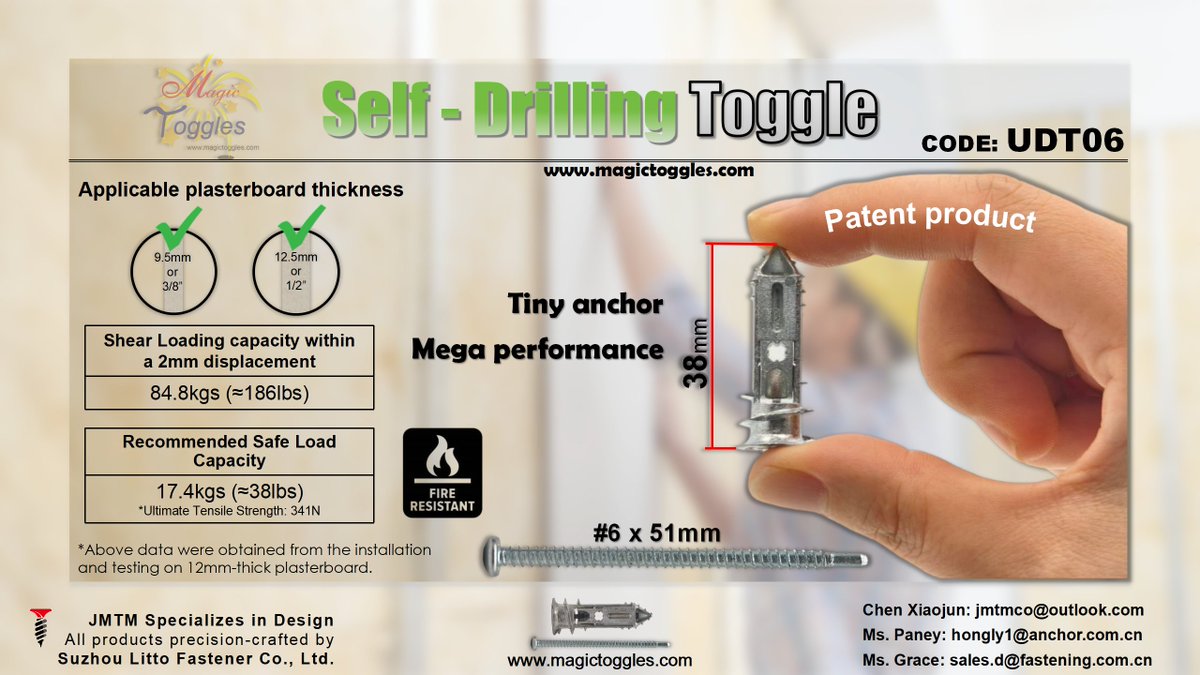 SZLitto's tweet photo. UDT06 - Magic Self-Drilling Toggle
All-zinc alloy combination
Patenet Product
Tiny Anchor
Mega Performance
100% Installation success if you can turn a screw.
If you need free samples, pls email:
Chen Xiaojun: jmtmco@outlook.com
Ms. Grace: sales.d@fastening.com.cn
#fasteners https://t.co/csiylsNrEd