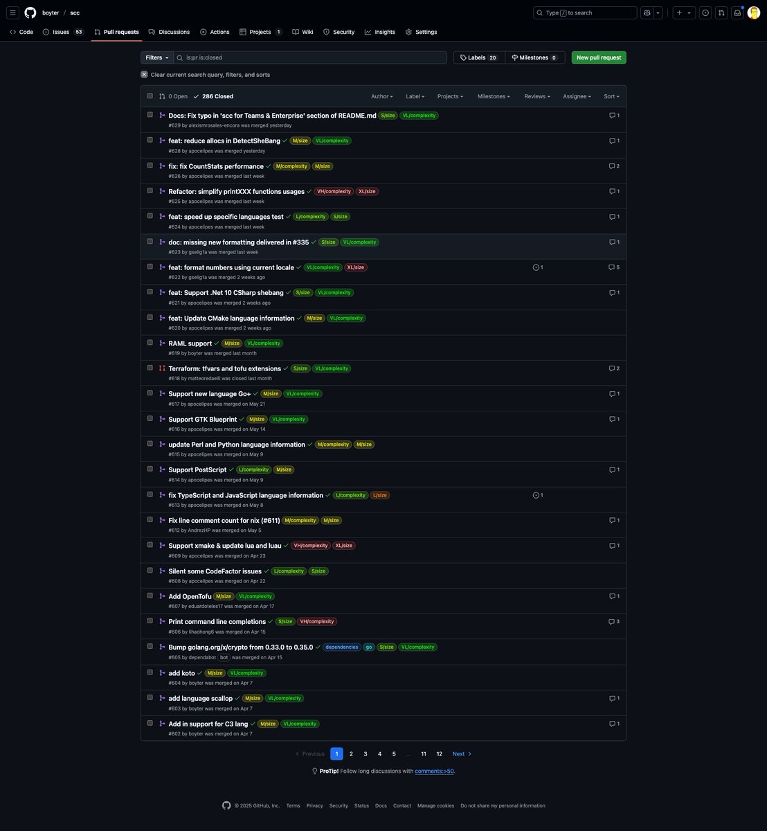 I have a PR checker for github  that labels the size/complexity compared to other PRs. You can see an example here github.com/boyter/scc/pul… Should I go through the effort of making a Org account to allow others to use this?