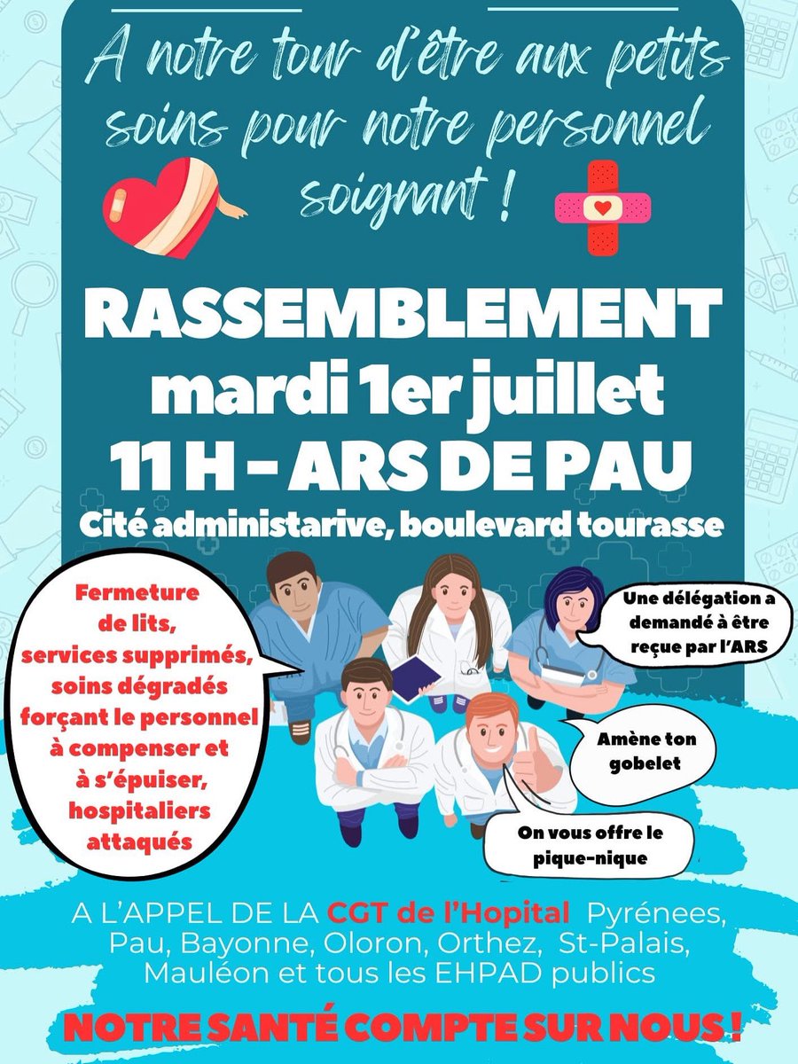 Rendez-vous à 11h devant l’ARS de PAU, pour la défense de nos hôpitaux et établissements de santé