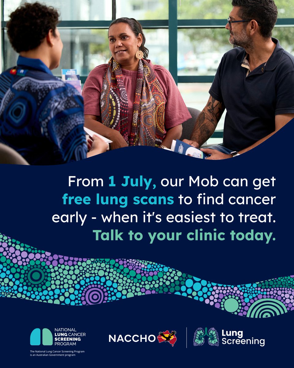 The National Lung Cancer Screening Program starts today. If you’re aged 50-70 and currently smoke or have quit in the last 10 years, yarn with your doctor or health worker about a referral for lung screening.

Find out more: naccho.org.au/cancer/lung-ca…

#NLCSP #LungScreening
