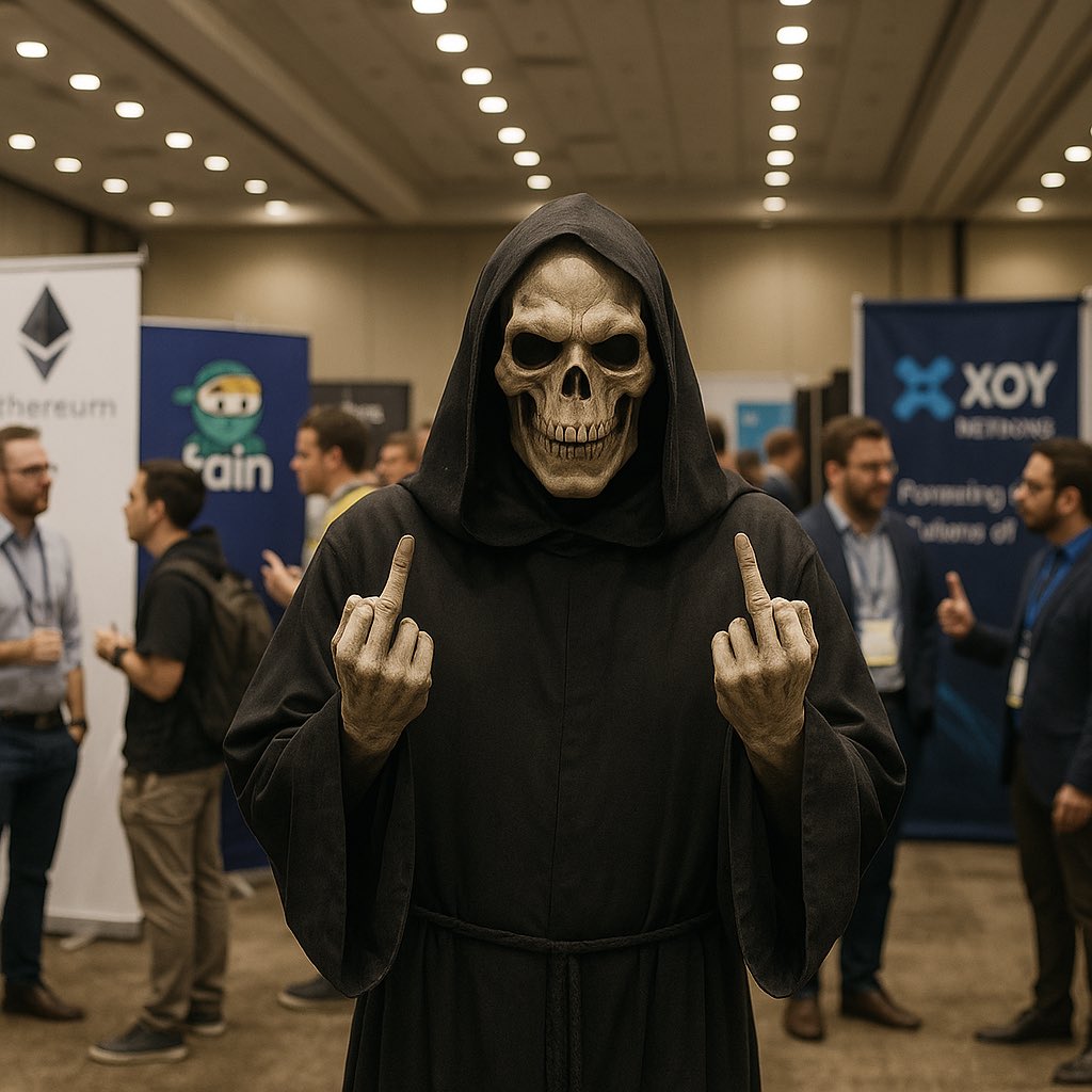 GRIM_Token's tweet photo. Grim walks through the crypto expo.
Found: 36 rugs, 12 promises, 0 shame.
He flipped every booth.
🖕 $GRIM | No bags, just judgment.
#CryptoScam #memecoin https://t.co/lTbprYkJi9