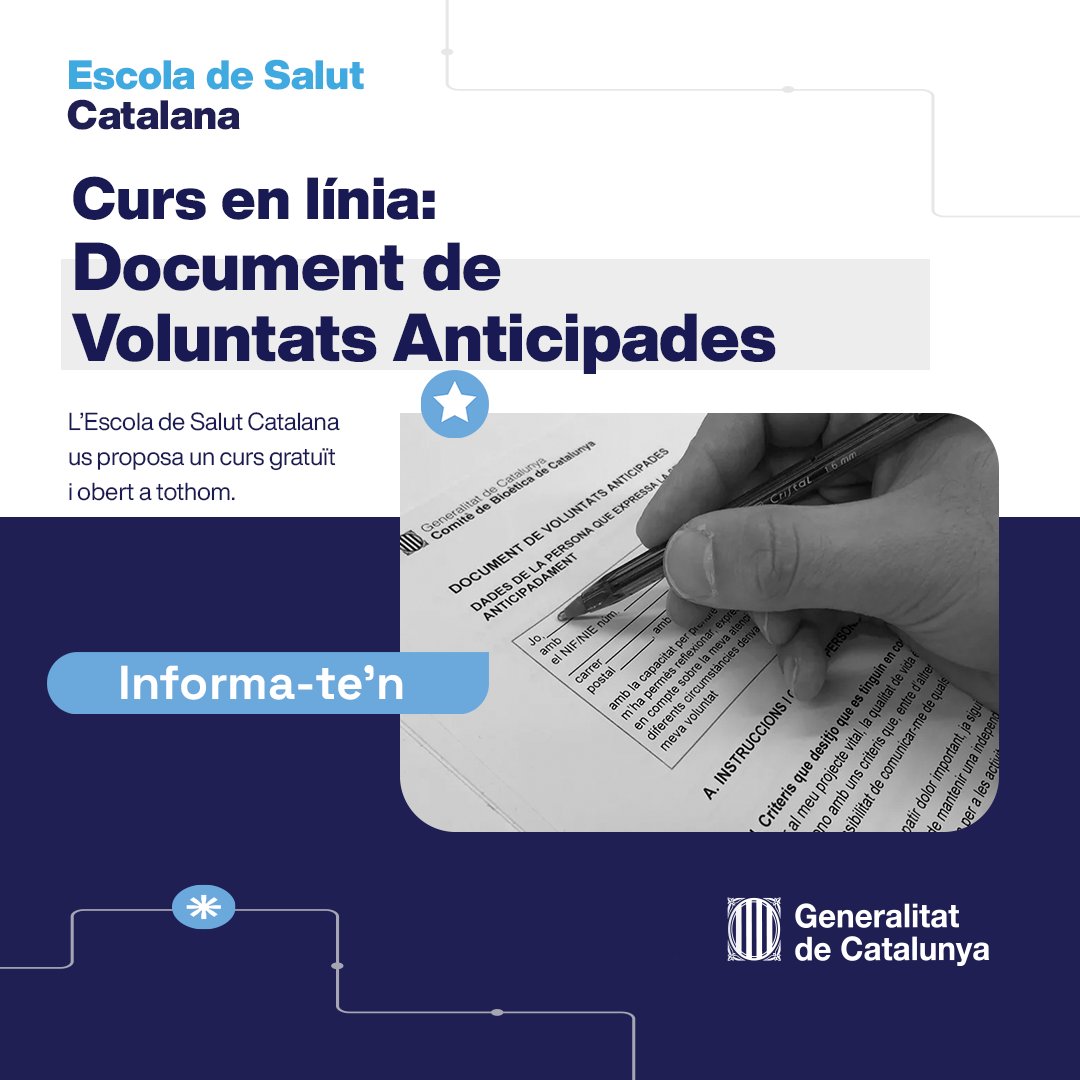 🗣 Coneixes el Document de Voluntats Anticipades (DVA)?

💻 Apunta't al curs en línia per saber-ne més.
📅 9 de juliol

Inscripcions 👉 gen.cat/3ImQ0Q8
