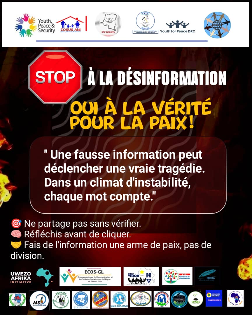 Samy MULEMANGABO (@samymulema) on Twitter photo #STOP À LA #DÉSINFORMATION, Oui à la vérité pour la #Paix
Une fausse information peut déclencher une vraie tragédie ! <a href="/RDC_JPS/">𝐂𝐨𝐚𝐥𝐢𝐭𝐢𝐨𝐧 𝐂𝐨𝐧𝐠𝐨𝐥𝐚𝐢𝐬𝐞 𝐉𝐏𝐒</a> <a href="/COSUSAid/">COSUSAid/Urgences_Relèvement_Développement</a> #STOP À LA #DÉSINFORMATION, Oui à la vérité pour la #Paix
Une fausse information peut déclencher une vraie tragédie ! <a href="/RDC_JPS/">𝐂𝐨𝐚𝐥𝐢𝐭𝐢𝐨𝐧 𝐂𝐨𝐧𝐠𝐨𝐥𝐚𝐢𝐬𝐞 𝐉𝐏𝐒</a> <a href="/COSUSAid/">COSUSAid/Urgences_Relèvement_Développement</a>