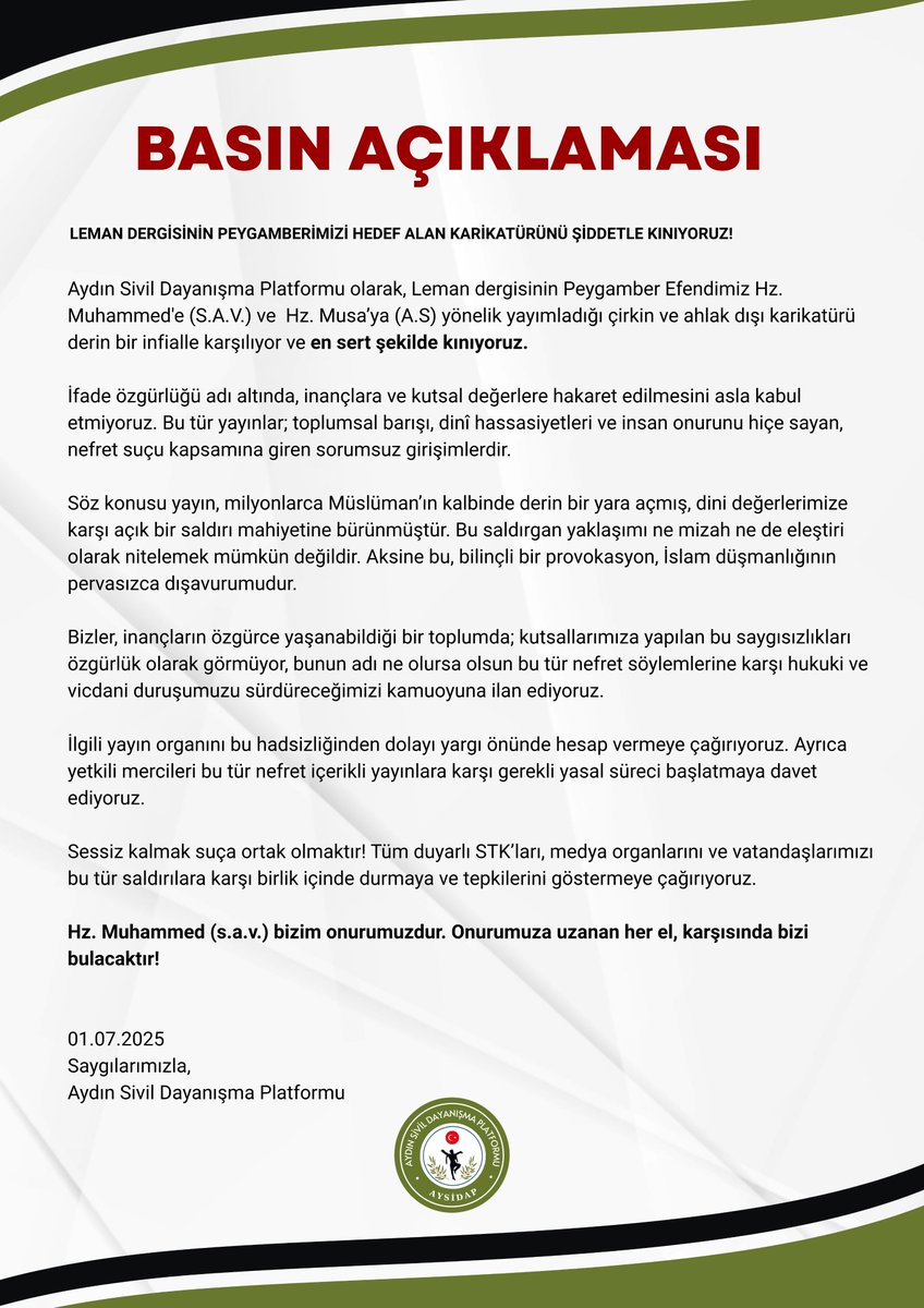 Leman dergisinin Peygamber Efendimiz Hz. Muhammed'e (S.A.V.) ve Hz. Musa’ya (A.S) yönelik yayımladığı çirkin karikatürü derin bir infialle karşılıyor ve en sert şekilde kınıyoruz.

Hz. Muhammed (s.a.v.) bizim onurumuzdur. Onurumuza uzanan her el, karşısında bizi bulacaktır!