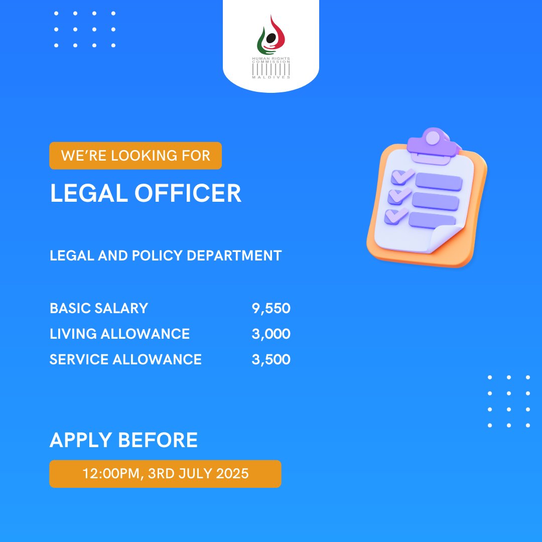hrcmv's tweet image. Job Announcements:
Investigation Officer
HRCM website: dub.sh/lMc3wnQ
Gazette: dub.sh/kA0ef4n
Legal Officer
HRCM website: dub.sh/9NNhyNK
Gazette: dub.sh/xUL5Okz
Bureau Executive
HRCM website: dub.sh/9DJ9JkC
Gazette:…