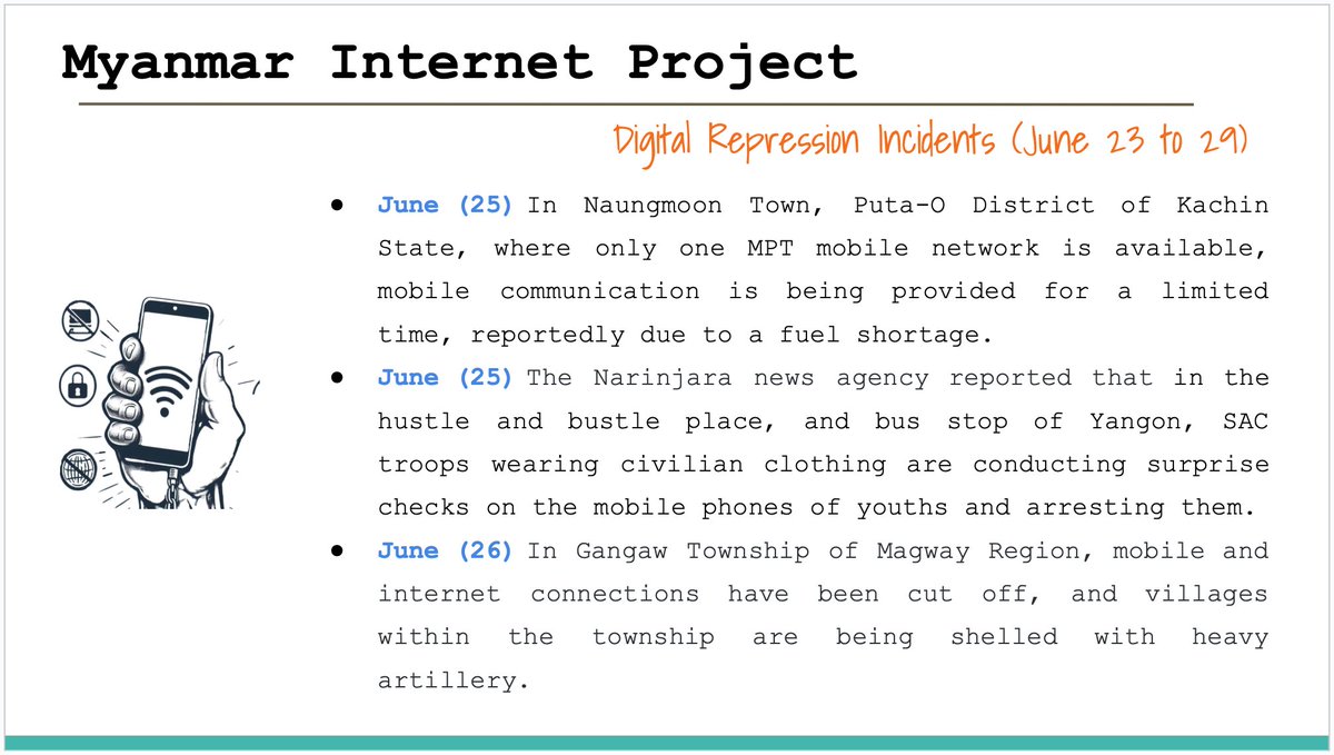 Myanmar_IP's tweet image. Digital Repression Incidents in Myanmar (June 23 to 29 )
#FOE
#InternetShutDown
#Surveillance
#Digital_Repression
#WhatsHappeningInMyanmar
#KeepItOn
Full Report >>> myanmarinternet.info/digital-coup