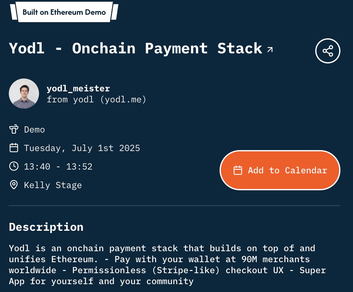 yodl (@yodlpay) on Twitter photo In sunny Cannes for <a href="/EthCC/">EthCC - Ethereum Community Conference</a>?
Catch <a href="/yodl_meister/">seb.yodl.eth</a>'s talk on how yodl brings everyday payments onchain
Pay for coffee, groceries, or gas using crypto.
Any chain, token and wallet. No credit cards.
๐ 1.40PM
๐ Kelly Stage
๐
July 1 In sunny Cannes for <a href="/EthCC/">EthCC - Ethereum Community Conference</a>?
Catch <a href="/yodl_meister/">seb.yodl.eth</a>'s talk on how yodl brings everyday payments onchain
Pay for coffee, groceries, or gas using crypto.
Any chain, token and wallet. No credit cards.
๐ 1.40PM
๐ Kelly Stage
๐
July 1