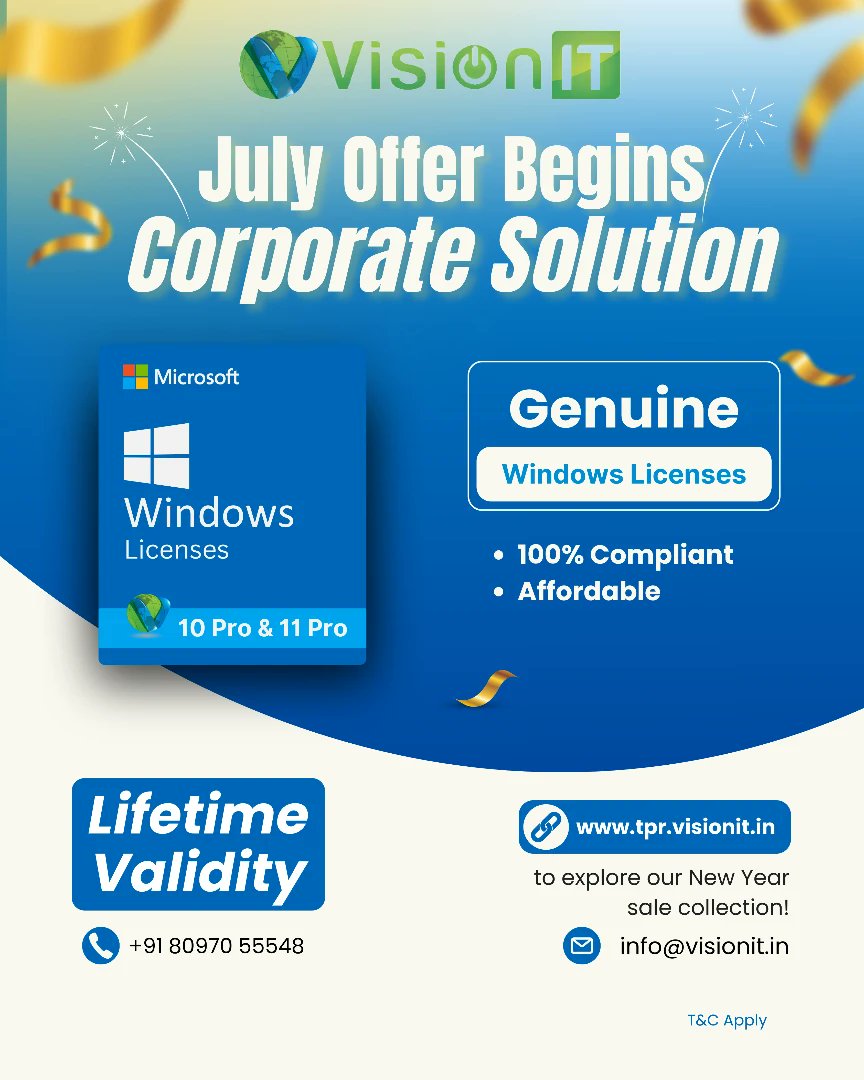 online_visionit's tweet image. 🎉 July Offer is Live!
Get Genuine Microsoft Windows 10/11 Pro Licenses with lifetime validity.
✅ Fast | 🔒 Secure | 🖥️ IT-Ready
Install in 10 mins!

📩 DM or visit: tpr.visionit.in
📞 +91 80970 55548

#WindowsLicense #Windows10Pro #Windows11Pro