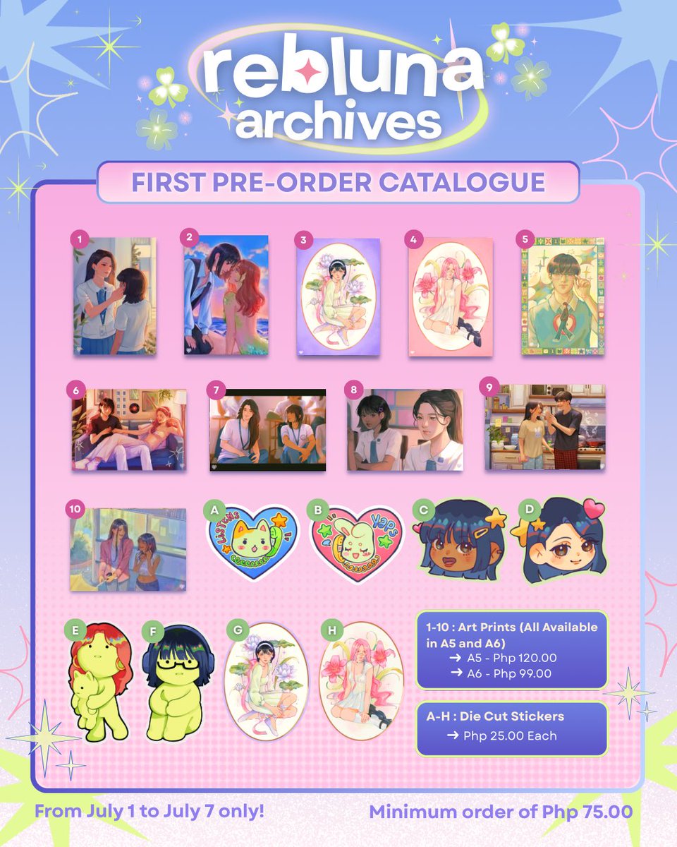 𝜗𝜚 ࣪˖ ִ𐙚 REBLUNA ARCHIVES

my first pre-order event is finally here! art prints and stickers made with love by yours truly ⋆˚꩜｡

🗯️ pre-order period: july 1 - july 7 @ 8 PM
🖇️ PH only!

🛒 shop here: tinyurl.com/5dcucba7