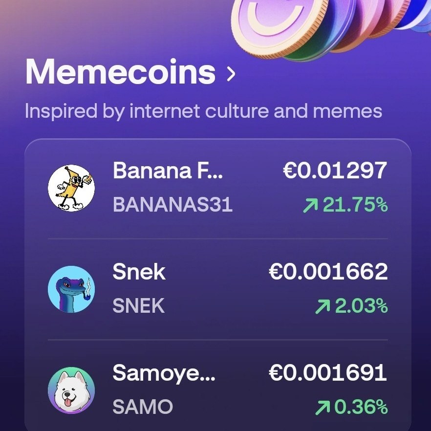 krakenfx's tweet image. Memecoins on Kraken today 👀

🟪 #BANANAS31 +21.75%

🟪 $SNEK +2%

🟪 $SAMO +0.36%
