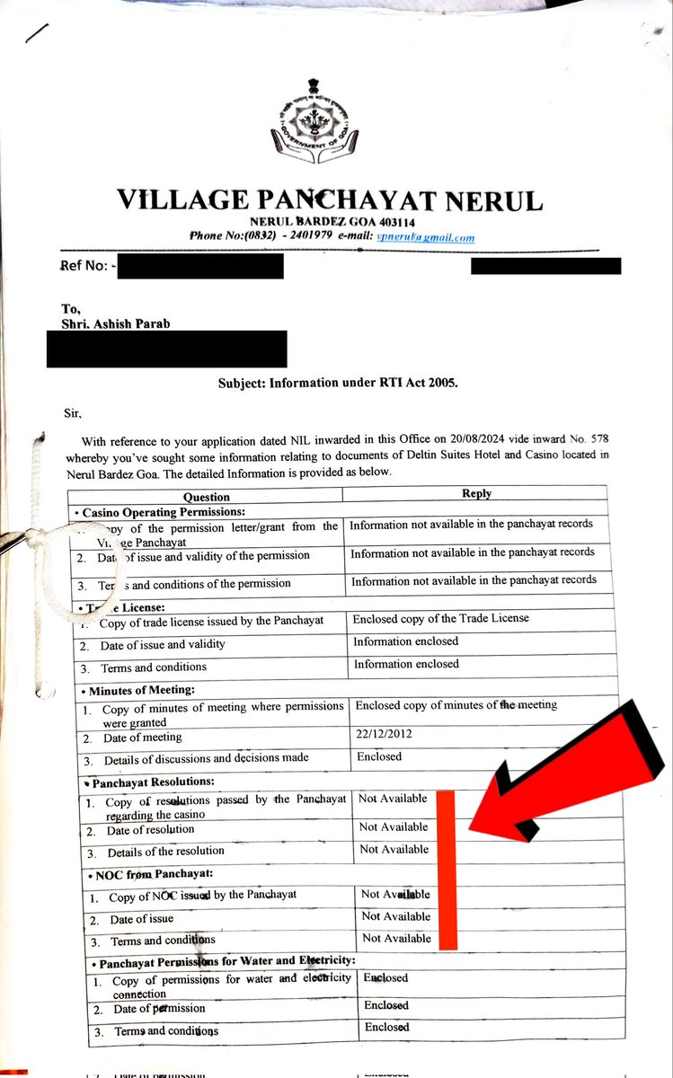 AshishParab5's tweet photo. RTI reply from Village Panchayat Nerul clearly states: No NOC, no resolution, no permission on record for casino operations at Deltin Suites. Then under whose authority is it functioning? Is the Goa Govt turning a blind eye? This raises serious questions. #Goa #RTI #Corruption https://t.co/qNk2X3OcmC