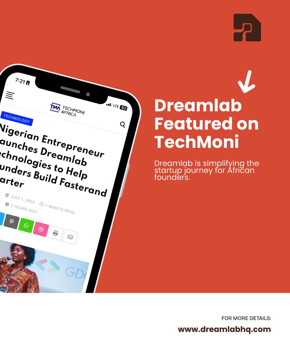 TryDreamLab's tweet photo. We got featured on @TechmoniAfrica! 🚀
Dreamlab is helping founders build faster + smarter, and it’s an honour to have our story spotlighted.
📖 Read: https://t.co/7kvt7XQwSZ
Please engage + follow TechMoni to support the community. 🙌
#Dreamlab #TechMoni #BuildInAfrica https://t.co/8SZU8H2V3W