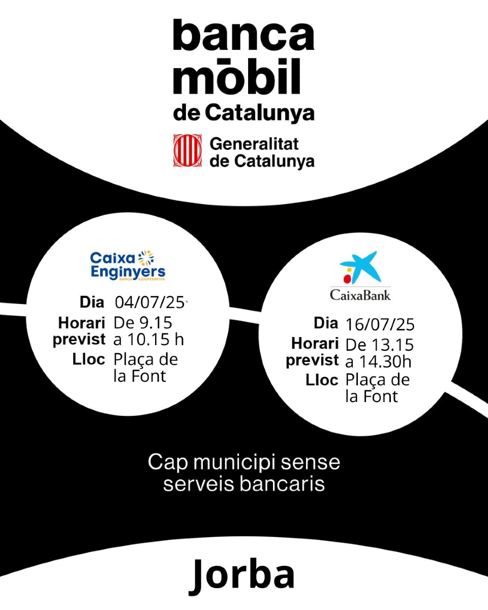💶 Aquest mes de juliol el servei d'oficina bancària mòbil de Catalunya arribarà a Jorba

🗓️Divendres 4
🗓️Dimecres 16