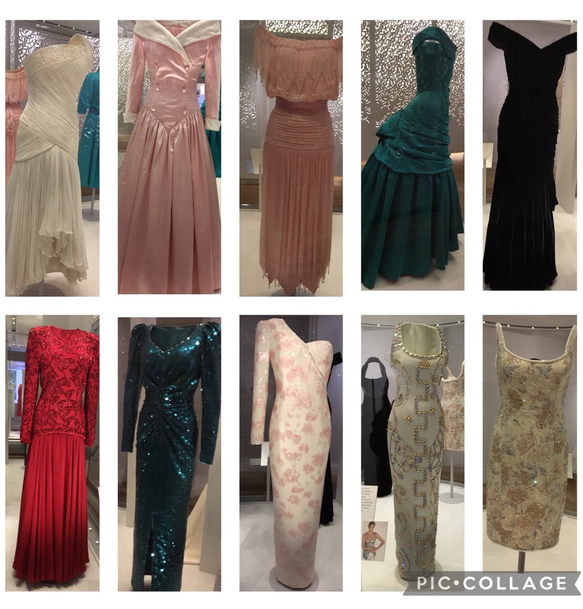 RoyalsOther's tweet image. On the anniversary of her birth on 1st July 1961, iconic dresses worn by Diana, Princess of Wales displayed in 2018/19 at Kensington Palace and the gates of the Palace at the time of her 60th birthday.