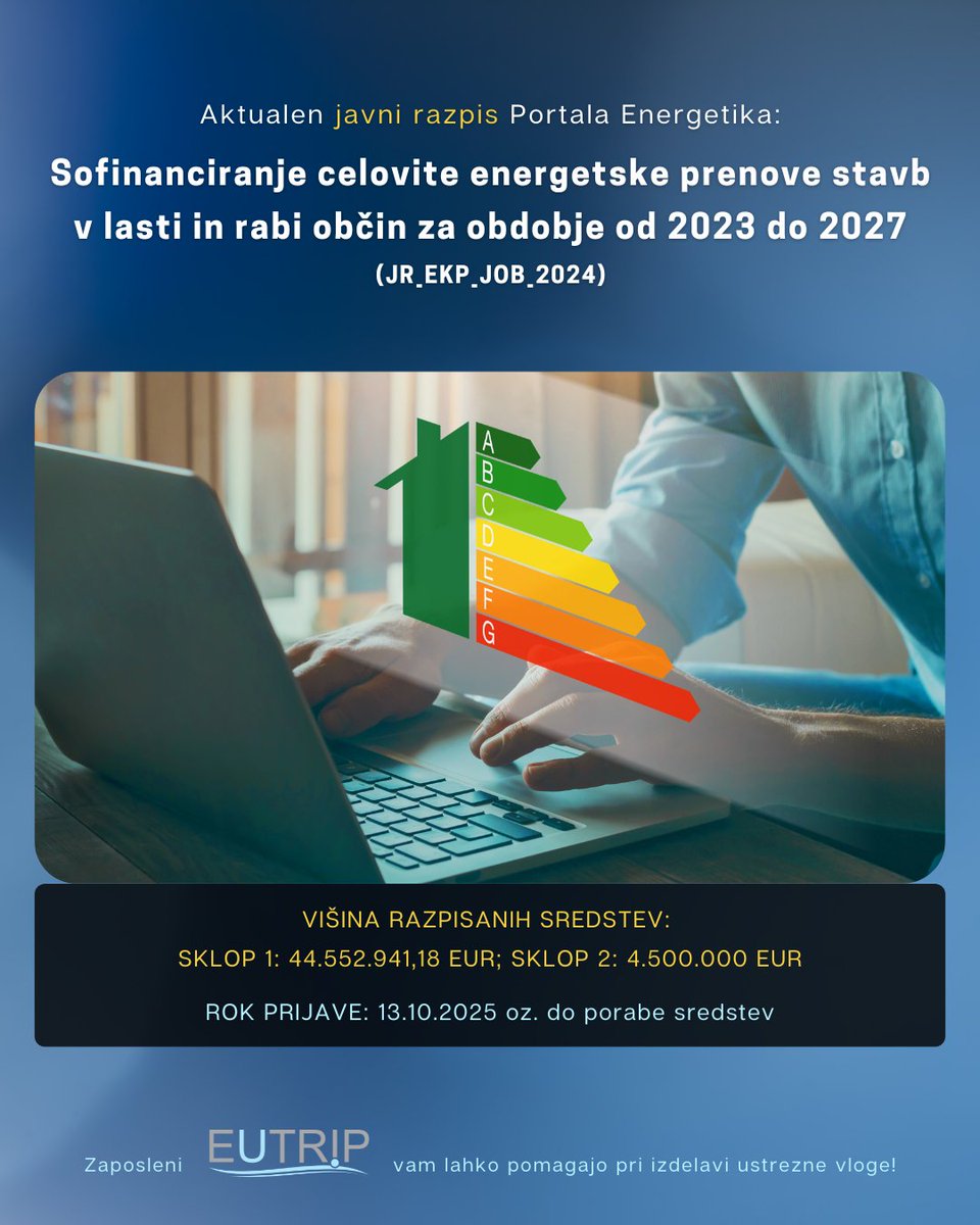 ❗ POZOR: ❗ Aktualen javni razpis Portala Energetike 
➡️ za sofinanciranje celovite energetske prenove stavb v lasti in rabi občin za obdobje od 2023 do 2027 (JR_EKP_JOB_2024).💪

Več 👉 eutrip.si/2025/01/09/obj…