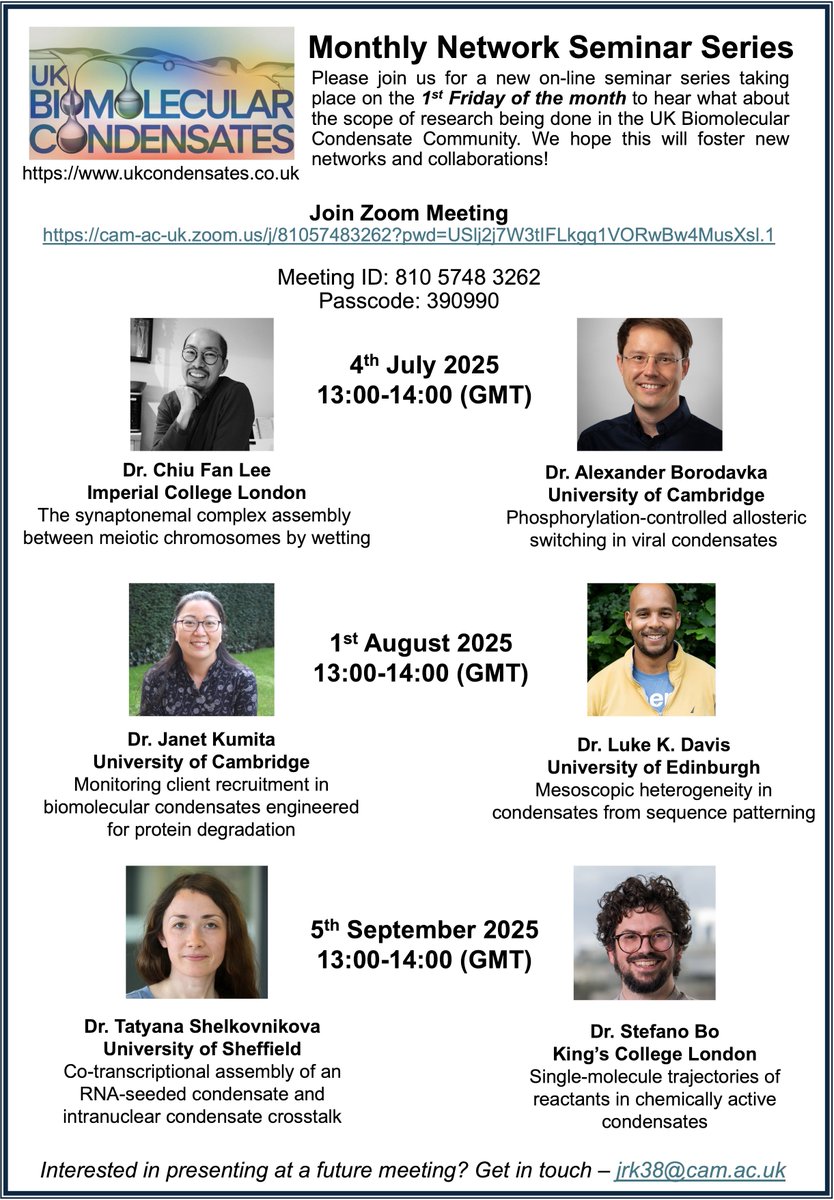 jrkumita's tweet image. Come join us for the next monthly on-line seminar (4th July, 1pm GMT) aimed to connect the UK Biomolecular Condensate community (All are welcome to come and listen!) ukcondensates.co.uk/monthly-networ… @AlexBoRNA Chiu Fan Lee
@PhysicsofLifeUK
