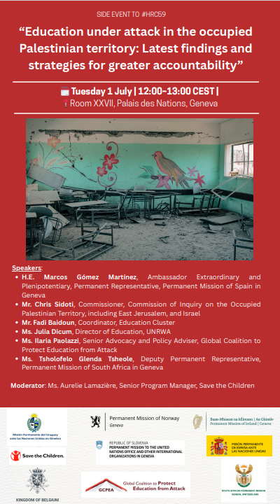 Today at #HRC59: Side event on education under attack and strategies for accountability 👩‍🏫🎒🏫