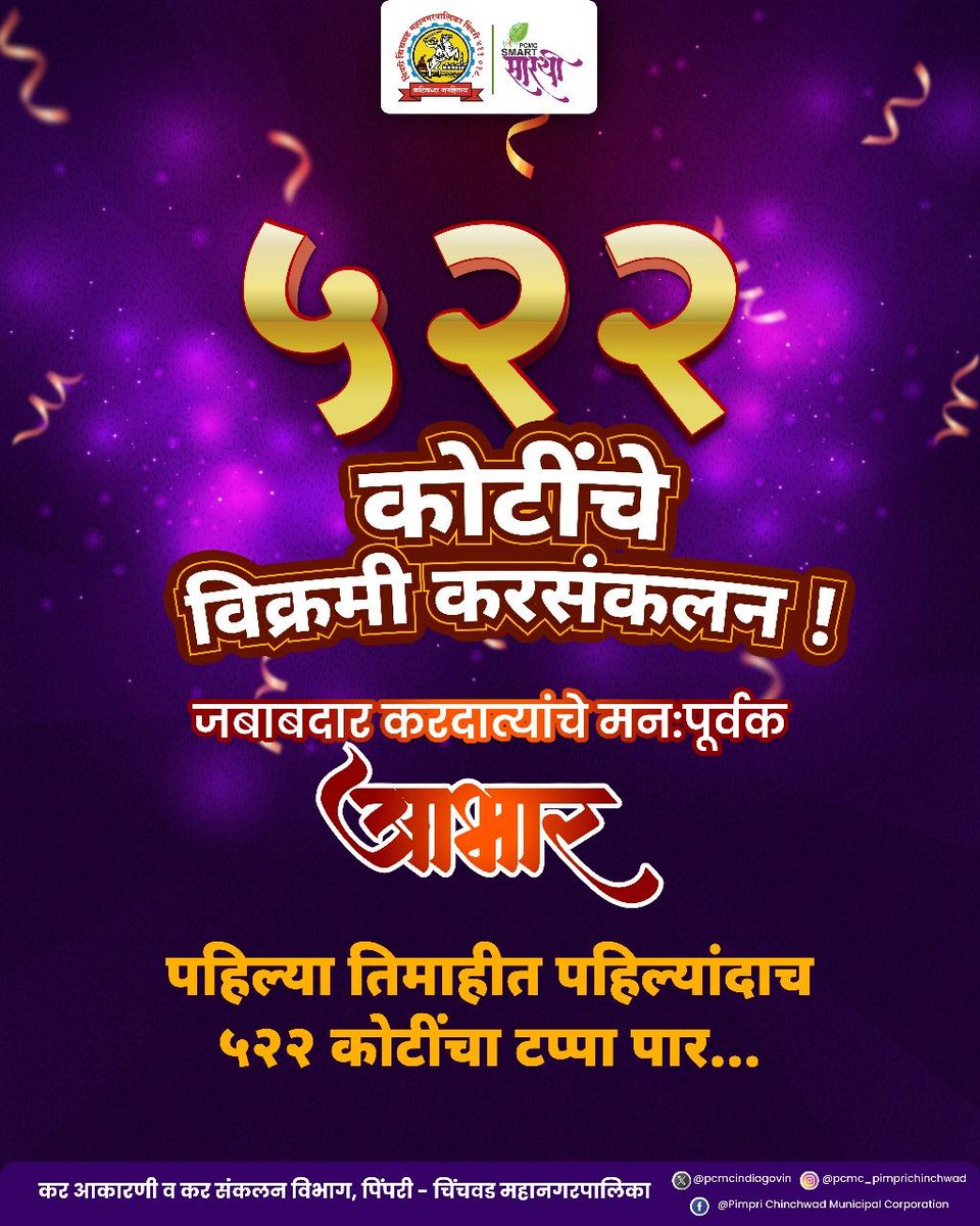 pcmcindiagovin's tweet photo. ५०० कोटींचे विक्रमी करसंकलन!💰📈

जबाबदार करदात्यांचे मन:पूर्वक आभार 🙏🏼

.
.
.

#pcmc #pcmcsmartsarathi #pcmcpropertytax #propertytax #taxmilestone #recordcollection #proudmoment #Gratitude #economicprogress #करसंकलन https://t.co/MDh4AGWYT0