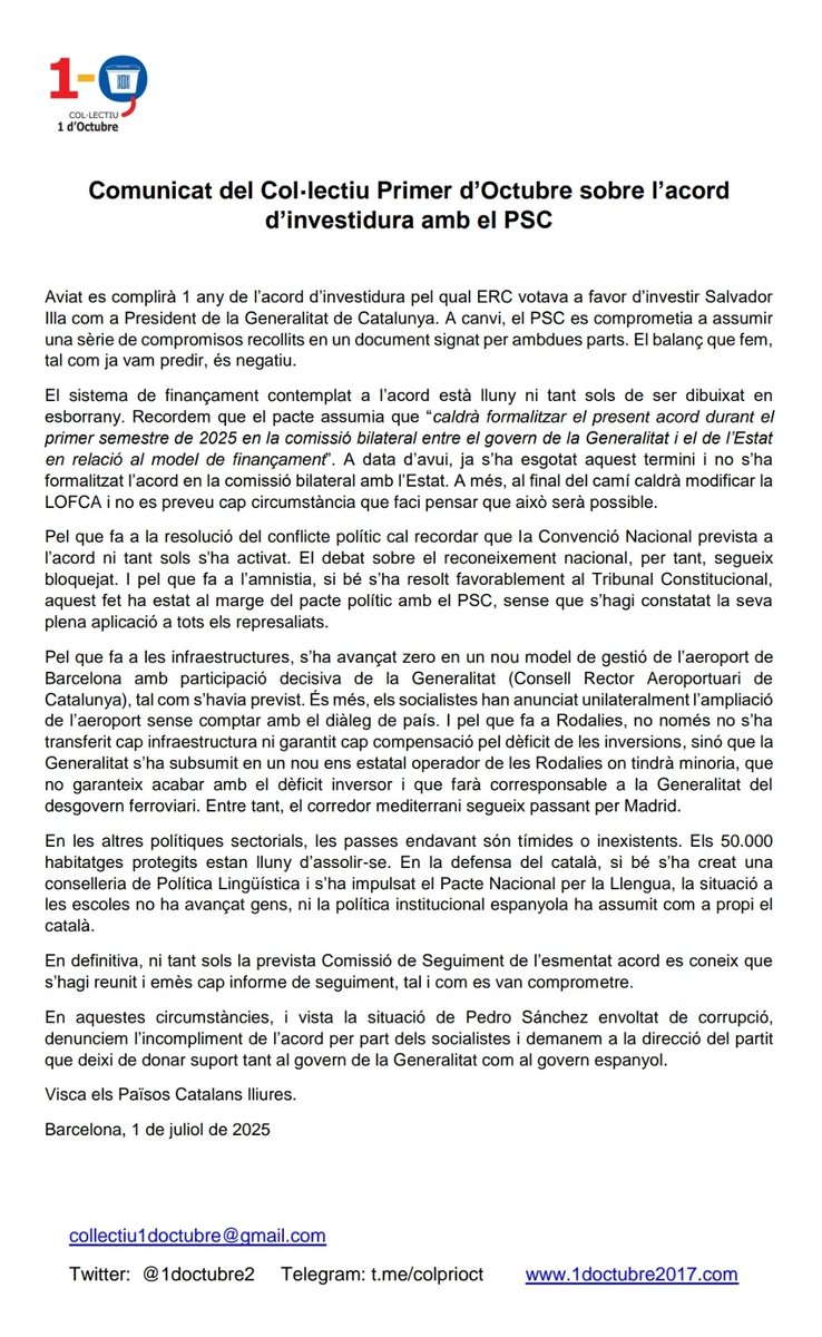 1doctubre2's tweet image. En el 6è aniversari del Col·lectiu Primer d'Octubre us regalem el Comunicat sobre la valoració de l'acord d'investidura
#independència