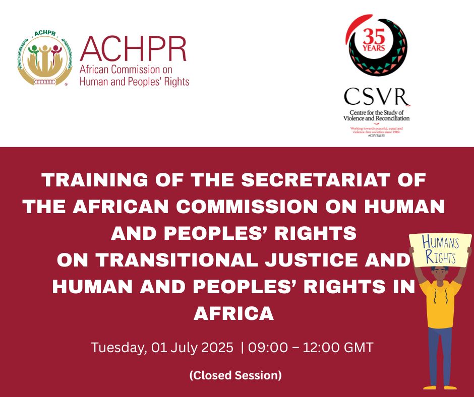 Centre for the Study of Violence & Reconciliation (@_csvr) on Twitter photo Today CSVR in collaboration with the African Commission on Human and Peoples' Rights (<a href="/ACHPR/">AfricanCommissionHPR</a> ), is convening a capacity-building workshop for the Secretariat of the Commission.
This session will provide an opportunity to deepen understanding of transitional justice within the Today CSVR in collaboration with the African Commission on Human and Peoples' Rights (<a href="/ACHPR/">AfricanCommissionHPR</a> ), is convening a capacity-building workshop for the Secretariat of the Commission.
This session will provide an opportunity to deepen understanding of transitional justice within the
