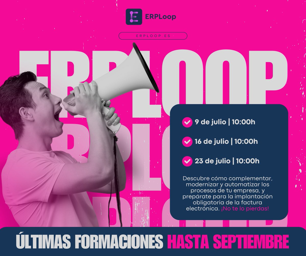 ADISSInforma's tweet image. 📆 Formaciones ERPLoop en julio (las últimas hasta septiembre):
🧾 9/7 – Uso básico: ¿cómo facturar?
📊 16/7 – Propiedades, artículos, ventas, cobros…
📦 23/7 – Gestión de stock avanzada
🔗 Apúntate: erploop.es/formaciones-se…
#ERPLoop #FormaciónERP