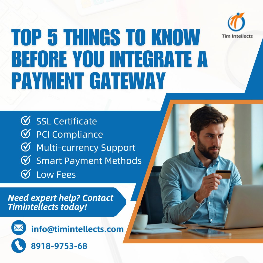 Thinking of adding online payments to your business?

Want to integrate a payment gateway into your site?
Here are 5 non-negotiables you must cover.

Need help? Let Timintellects handle it.
#paymentgateway #fintech #WebDev